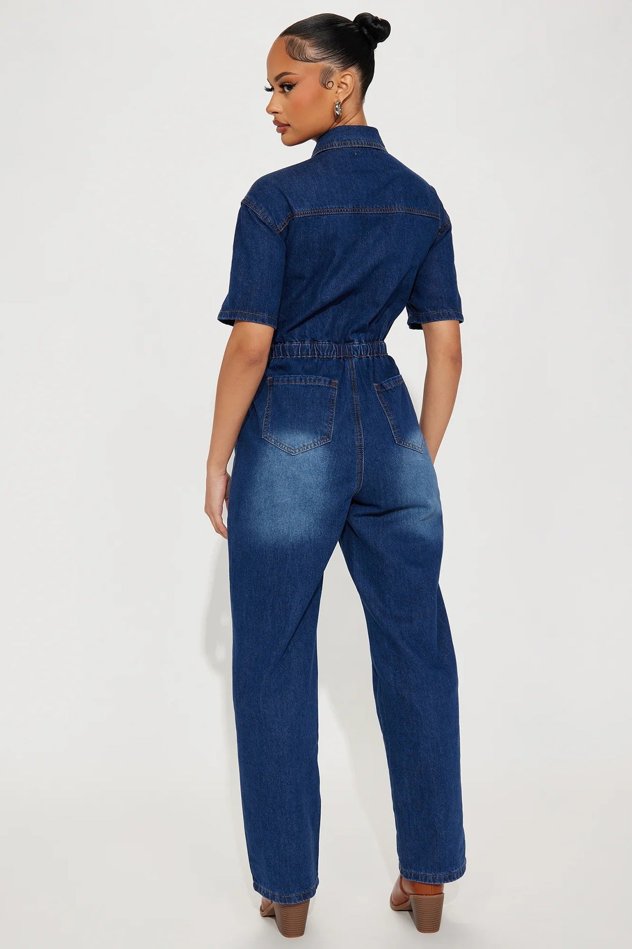 Slim Fit Stretch Short Sleeved Ankle Wash Denim Jumpsuit Jumpsuit Joliss