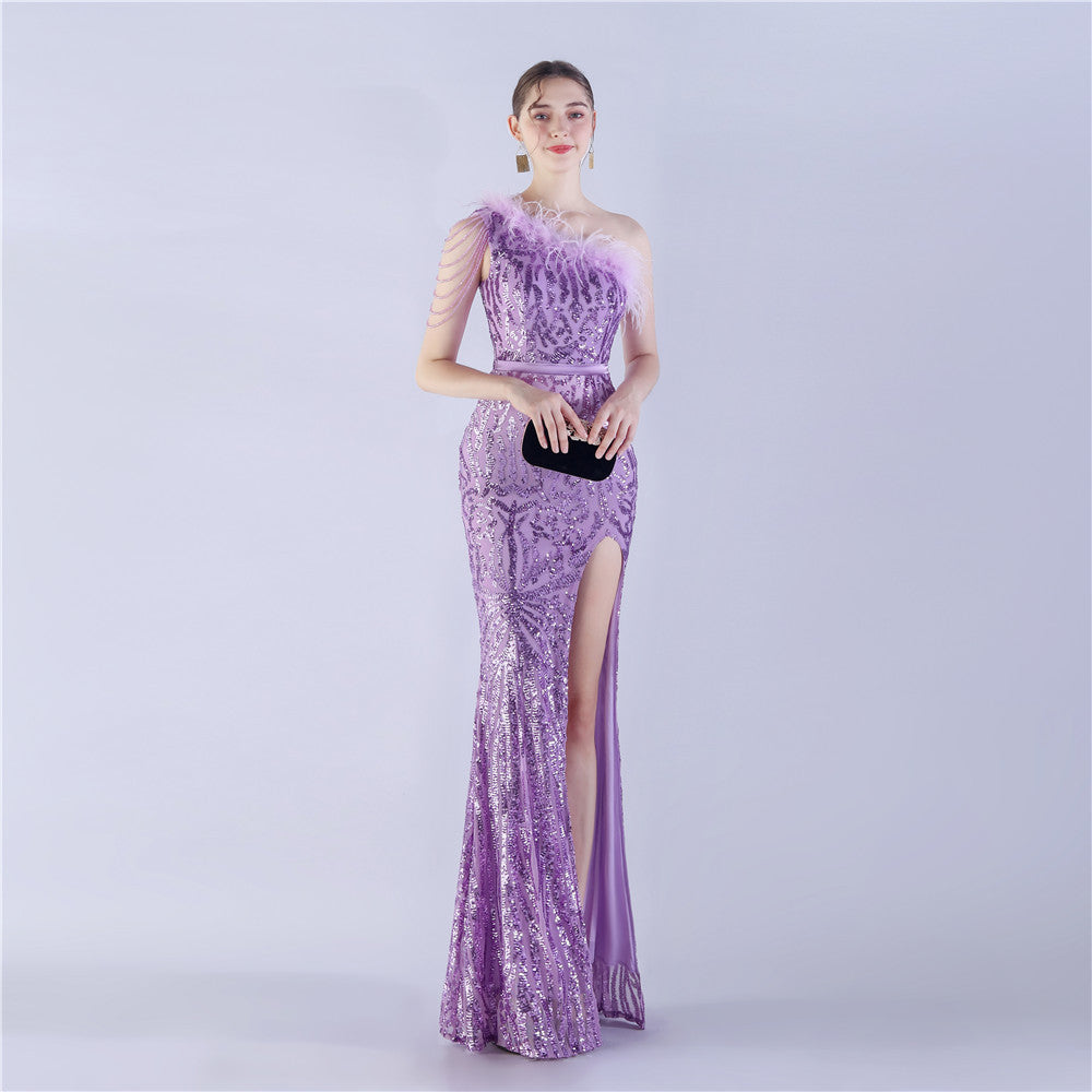 FZ Women's Ostrich Hair Diagonal Collar One Shoulder High End Evening Dress - FZwear