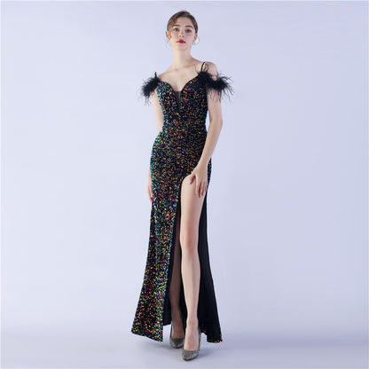 FZ Women's Ostrich Feather High Density Sequined Evening Dress - FZwear