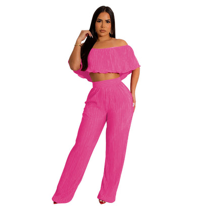 FZ Women's Pleated Ruffled Off Shoulder Wide Leg Pants Suit - FZwear