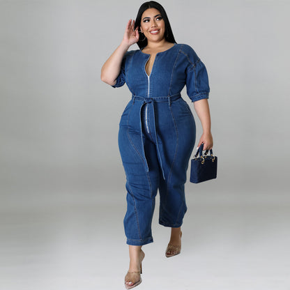 Plus Size Women Clothing Summer Short Sleeve Zipper Wash Denim Jumpsuit MINDA