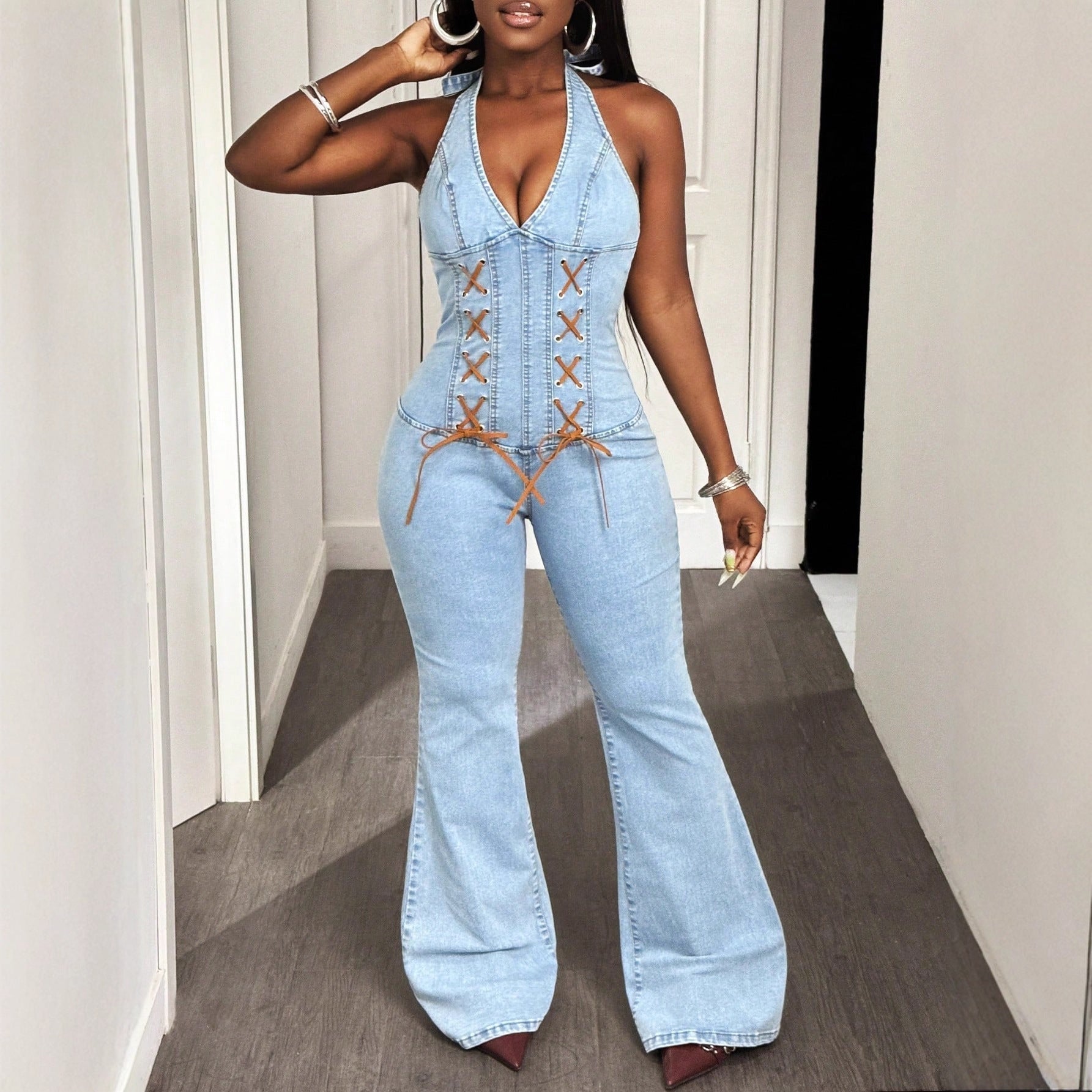 FZ Women's Halter Tight Waist Slim Elastic Denim Jumpsuit