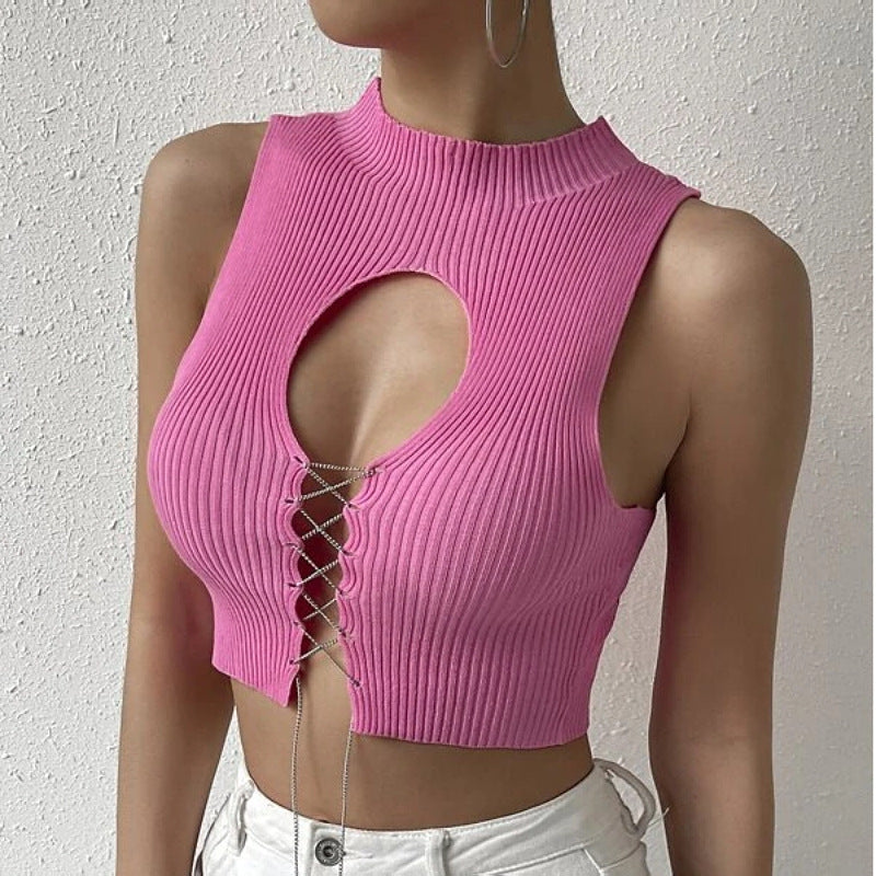 Top Sexy Sexy Hollow Out Cutout Out Strap Solid Color Short Slim Knitted Vest Women Japear