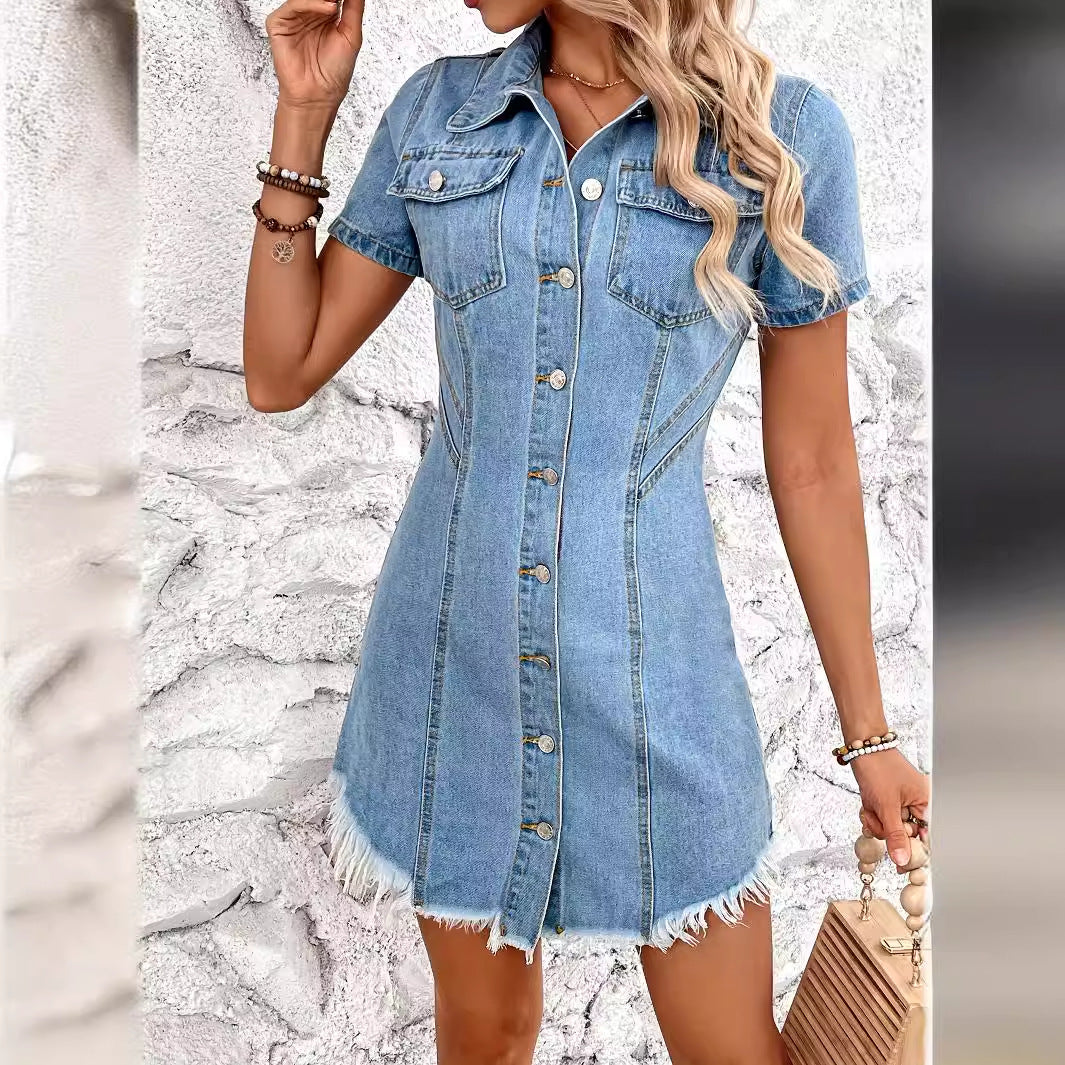 Retro Cinched Slimming Short Sleeves Denim Non Elastic Dress Women FentyWild