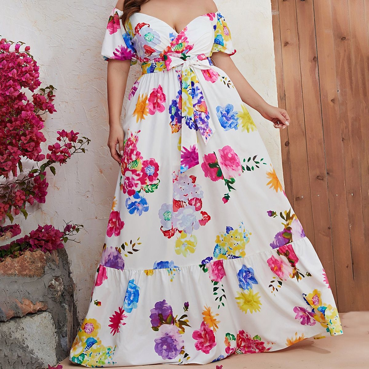 FZ Women's Plus Size Print Off Shoulder Lace Up Sun Dress