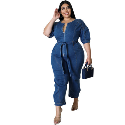 Plus Size Women Clothing Summer Short Sleeve Zipper Wash Denim Jumpsuit MINDA