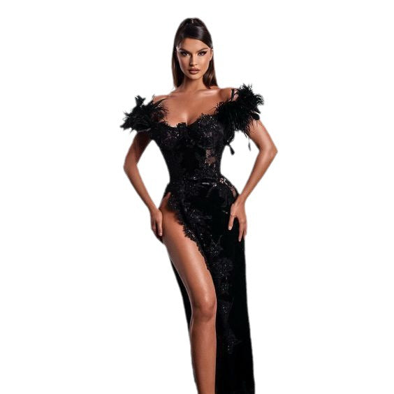 FZ Women's Lace Black Camisole Feather Evening Dress - FZwear