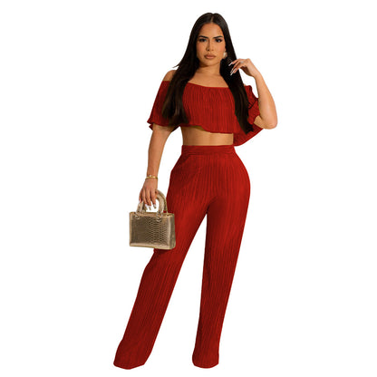 FZ Women's Pleated Ruffled Off Shoulder Wide Leg Pants Suit - FZwear