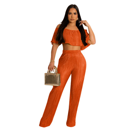 FZ Women's Pleated Ruffled Off Shoulder Wide Leg Pants Suit - FZwear