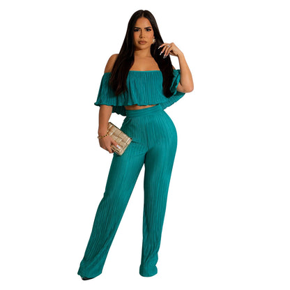 FZ Women's Pleated Ruffled Off Shoulder Wide Leg Pants Suit - FZwear