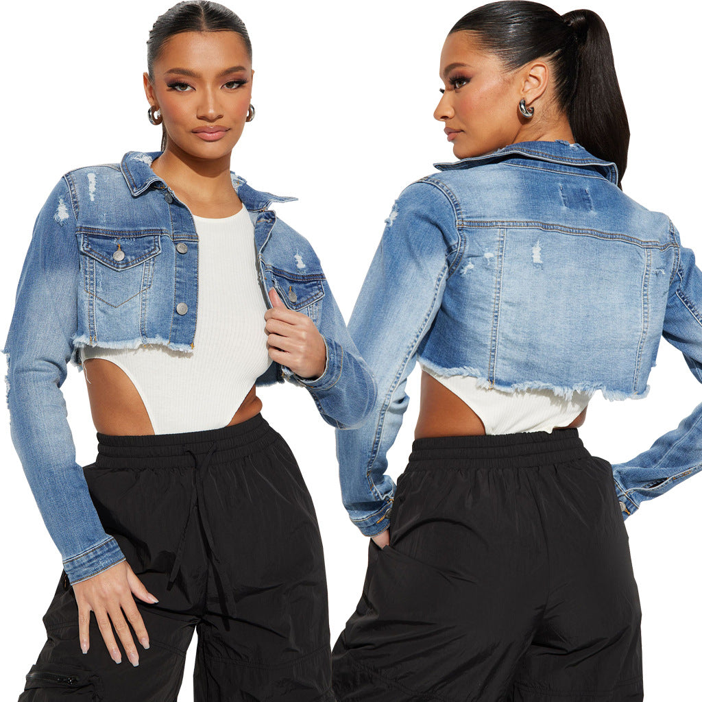 FZ Women's Stitching Hole Denim Short Jacket - FZwear