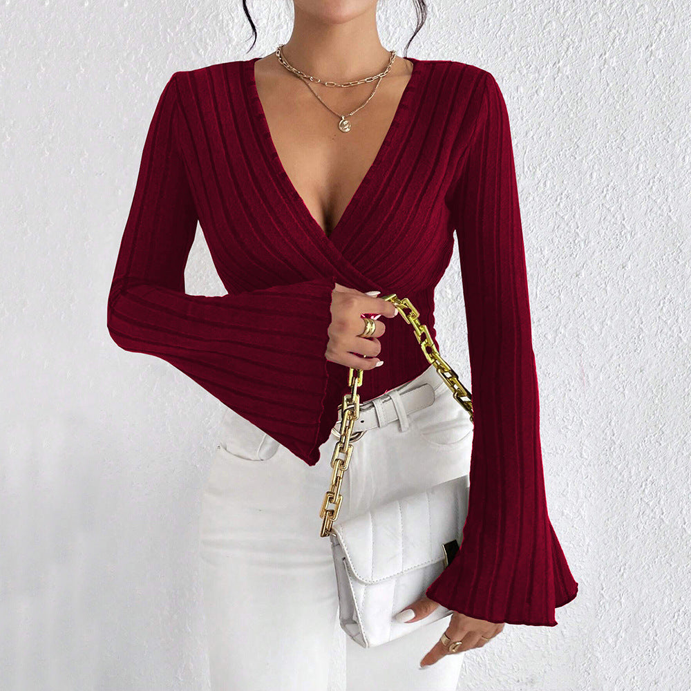 Women V neck Flared Sleeves Wine Red T shirt Fall/Winter Slim Bottoming Shirt Top Yiskiss