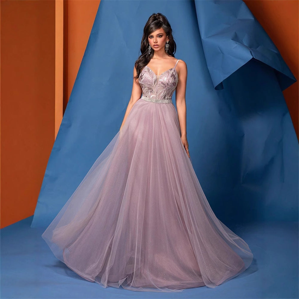 FZ Women's V neck Brace Sequin A Hem Backless Beaded Mesh Evening Dress