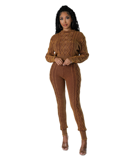 FZ Women's Washed Vintage Knitted Rhombus Plaid Cable Sweater Pants Suit