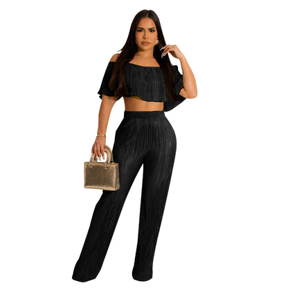 FZ Women's Pleated Ruffled Off Shoulder Wide Leg Pants Suit - FZwear