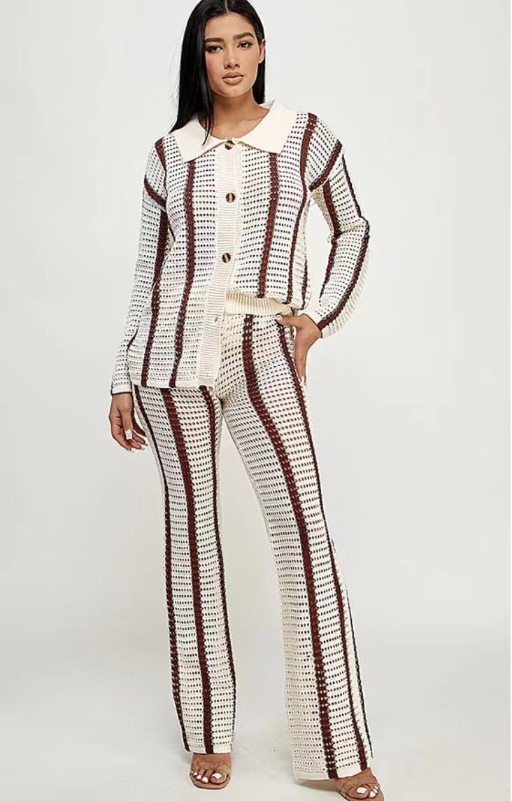 FZ Women's Striped Cutout Knitted Straight Leg Pants Suit - FZwear