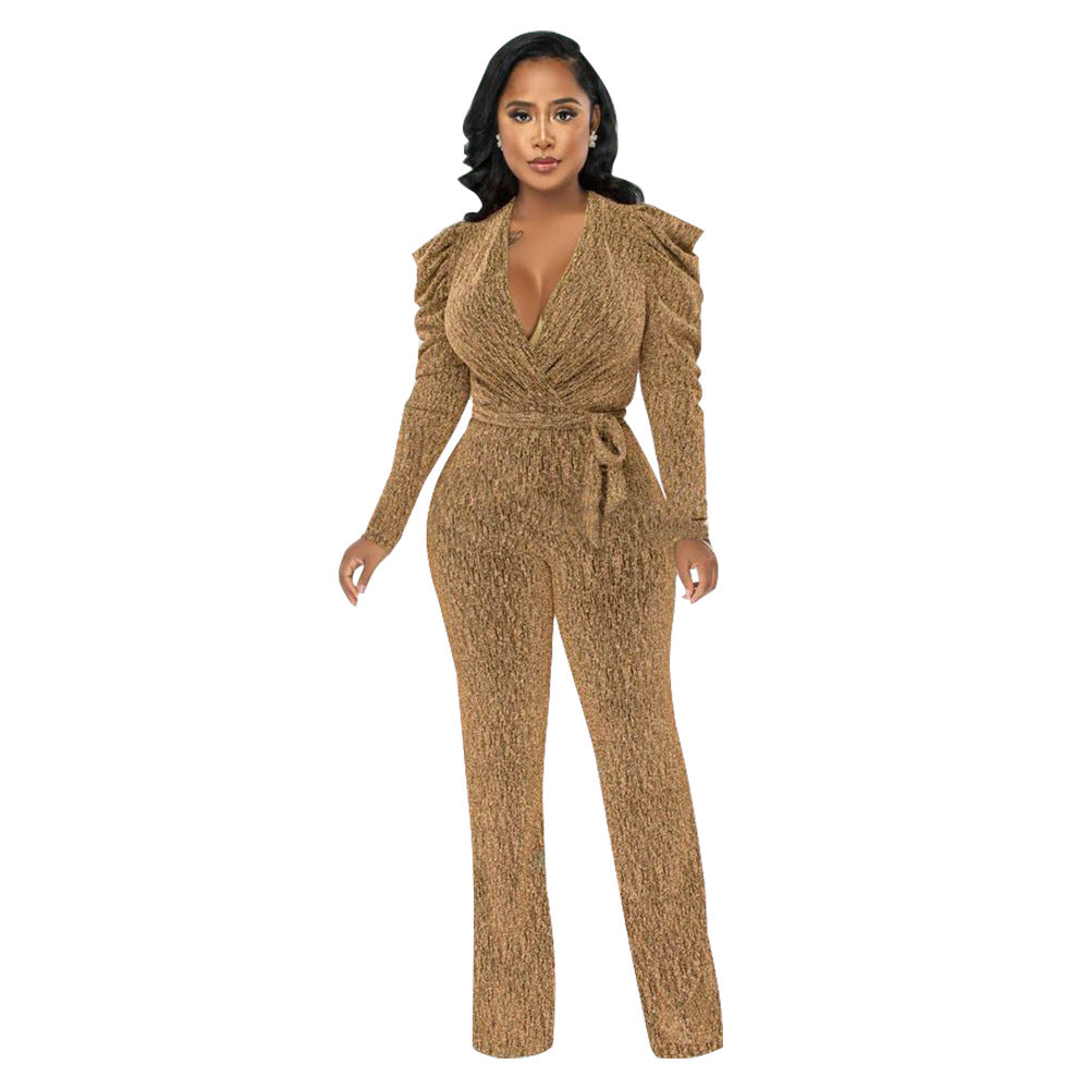 FZ Women's Sexy Waist Trimming V Neck Glossy Knitted Jumpsuit - FZwear