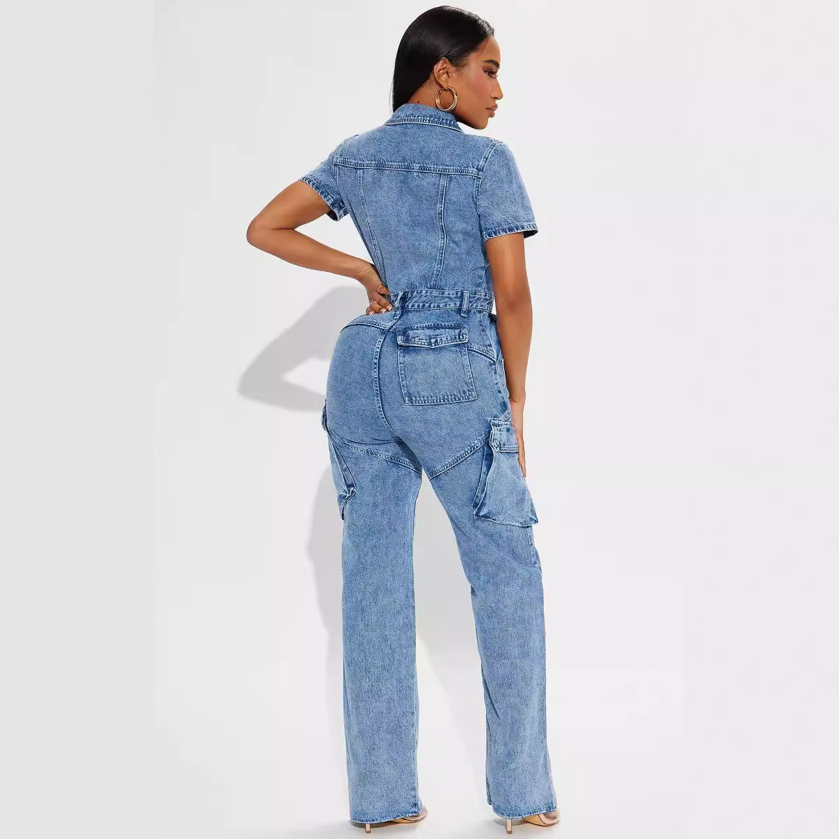 Tight Waist Slim Elastic Fried Floral Wash Denim Jumpsuit Jumpsuit Bell Bottom Pants Joliss