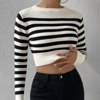 Autumn Winter Women Sweater Striped Short Inner Wear Outer Wear Knitwear Top Women Japear