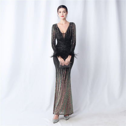 FZ Women's Ostrich Feather Gradient Sequin Long Sleeve Evening Dress - FZwear