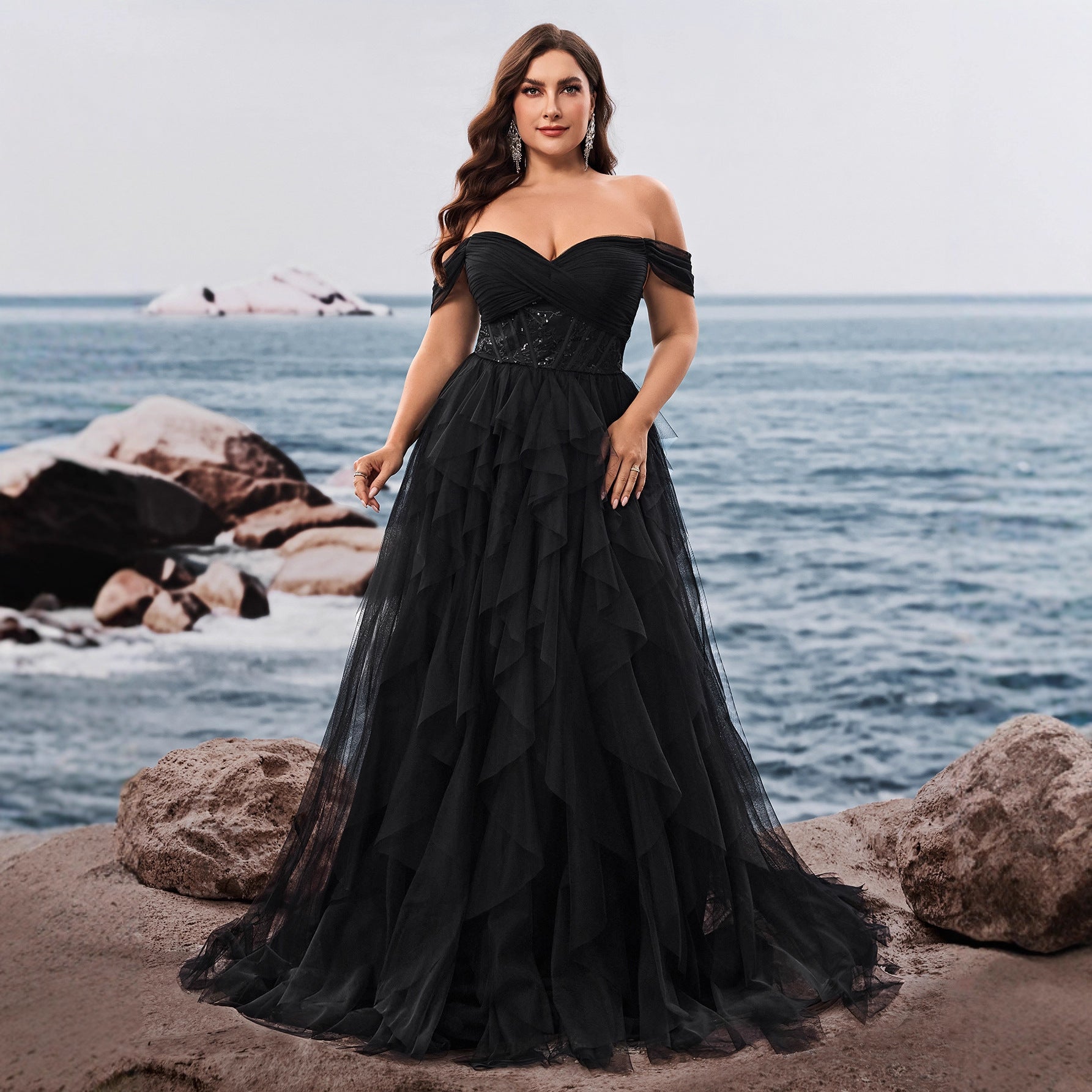 FZ Women's Plus Size Cold Shoulder Cocktail Tiered Evening Dress