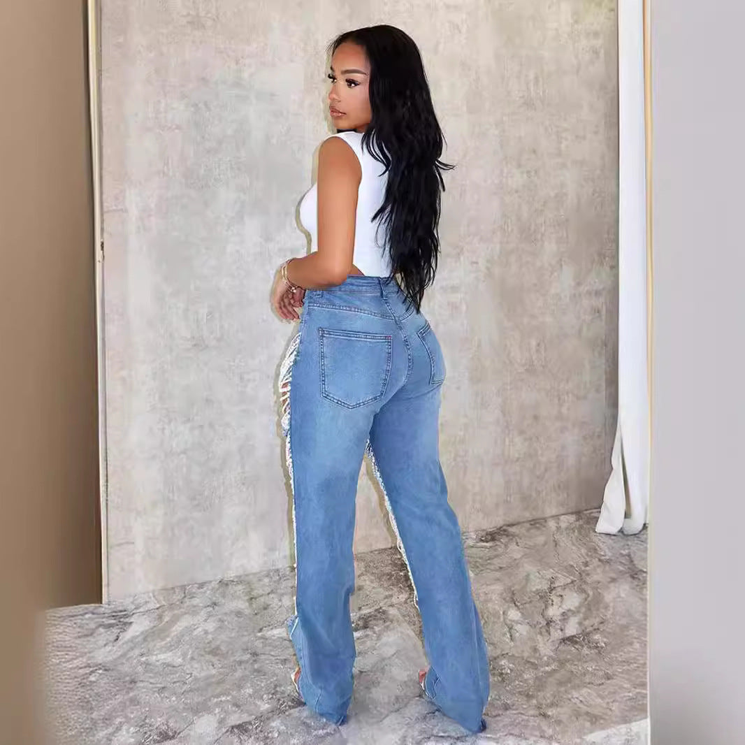 FZ Women's Ripped Heavy Industry Beads Beaded Stretch Denim Pants - FZwear