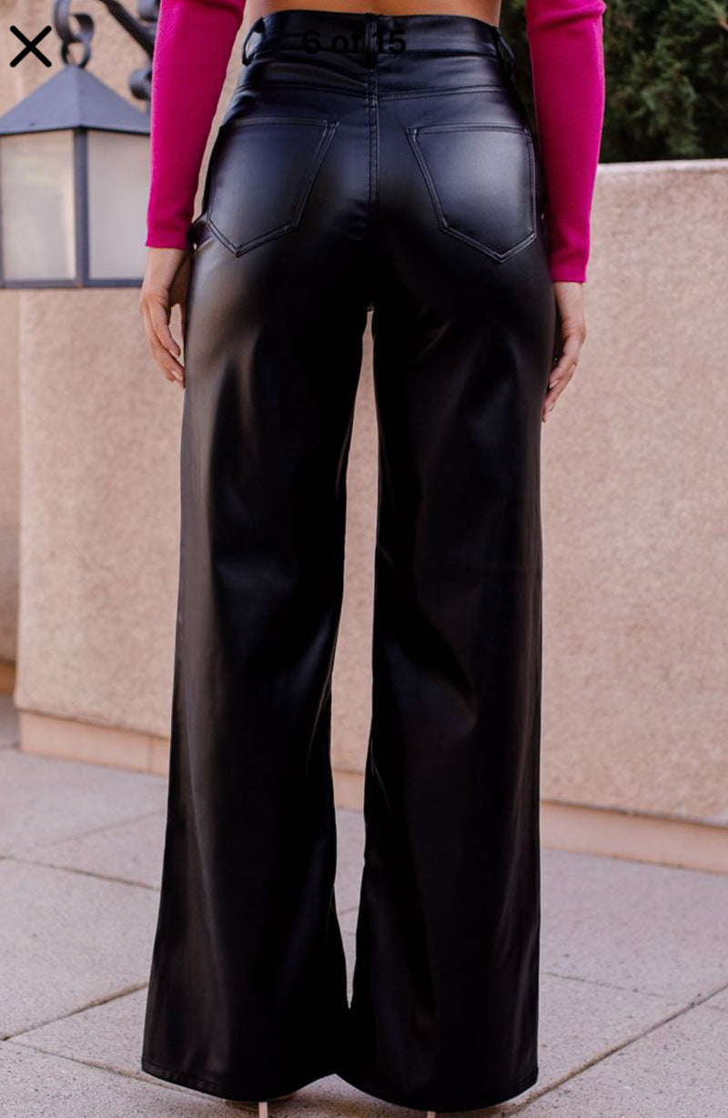 FZ Women's High Waist Faux Leather Wide Leg Leather Pants - FZwear