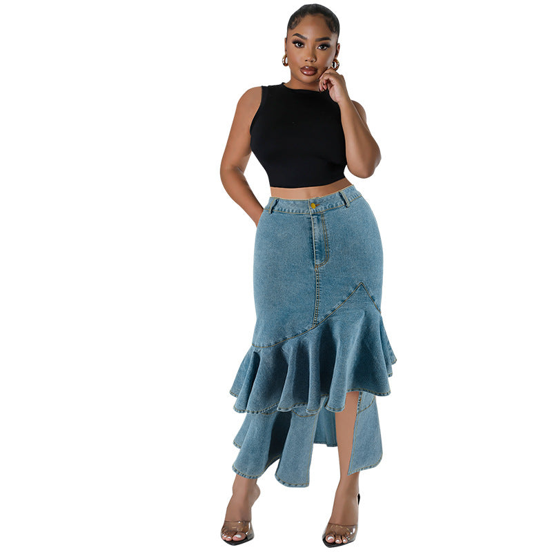 Plus Size Women Clothing Denim Fit Mid Length Skirt Dermal