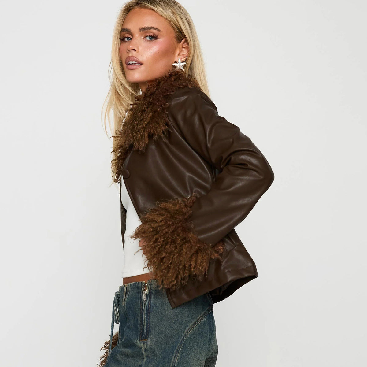 FZ Women's Retro Fur Collar Stitching Leather Street Jacket
