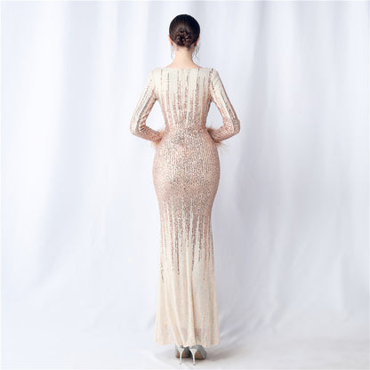 FZ Women's Ostrich Feather Gradient Sequin Long Sleeve Evening Dress