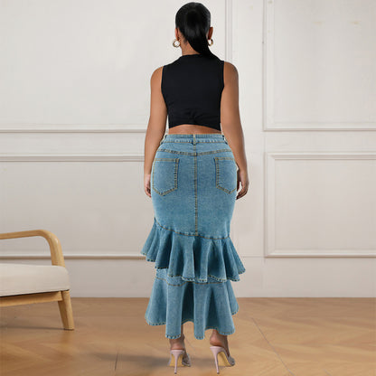 Plus Size Women Clothing Denim Fit Mid Length Skirt Dermal