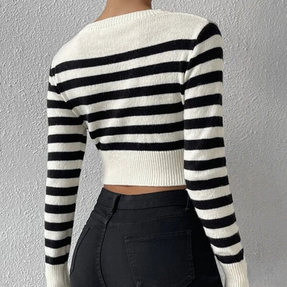 Autumn Winter Women Sweater Striped Short Inner Wear Outer Wear Knitwear Top Women Japear