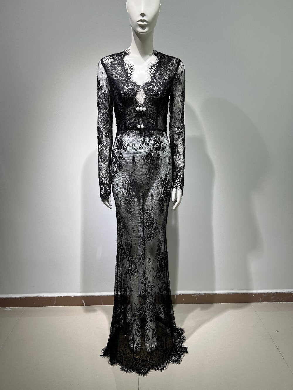 FZ Women's Black Slim Fit Sexy See through Lace Evening Dress - FZwear