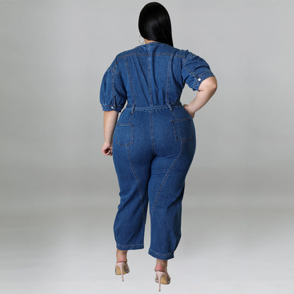 Plus Size Women Clothing Summer Short Sleeve Zipper Wash Denim Jumpsuit MINDA