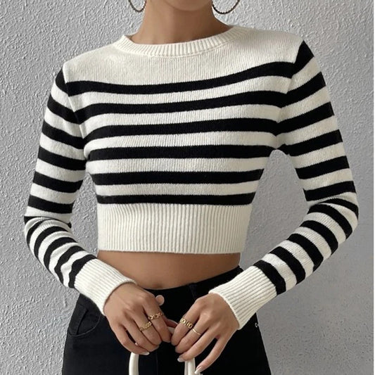 Autumn Winter Women Sweater Striped Short Inner Wear Outer Wear Knitwear Top Women Japear