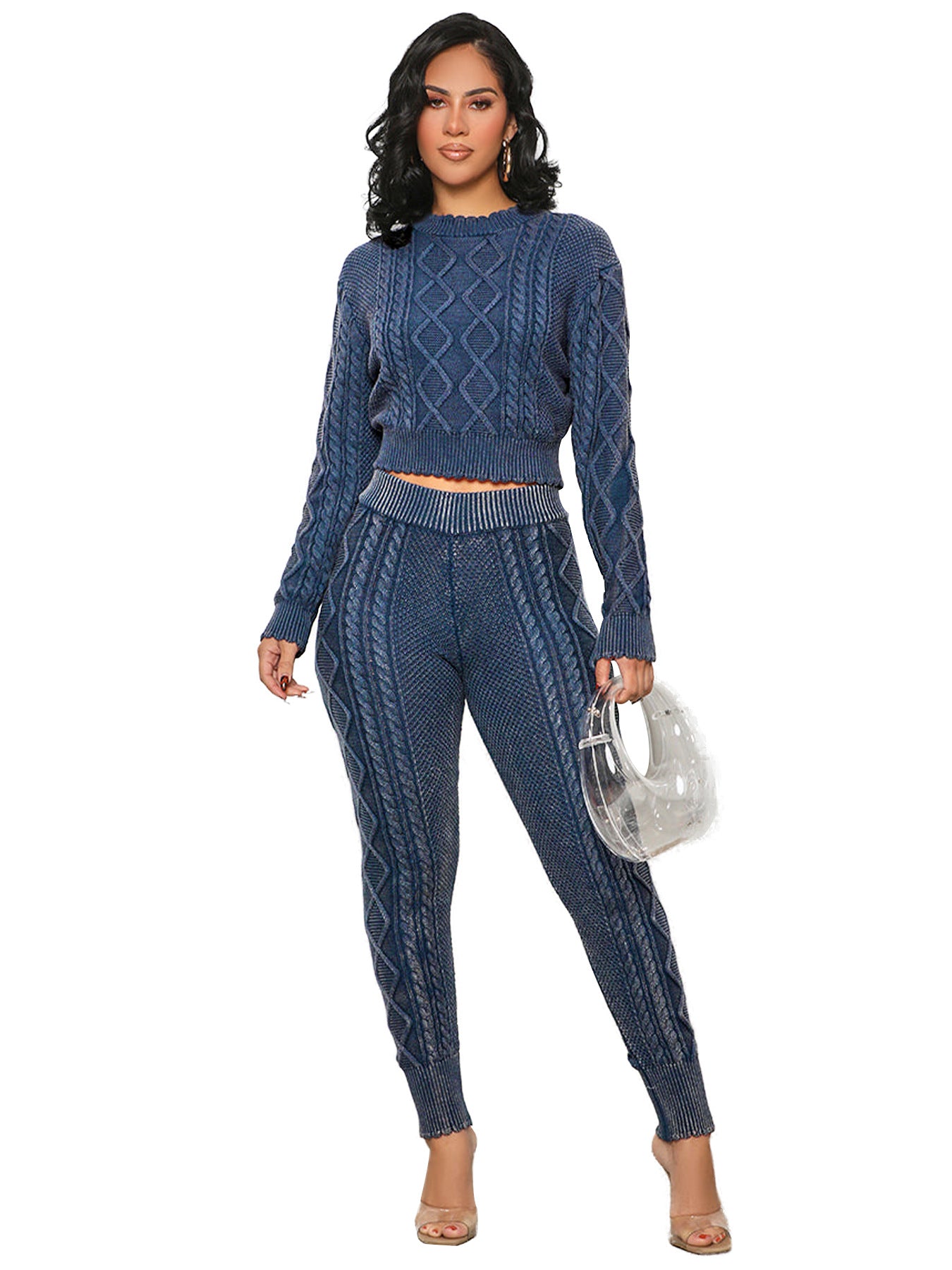 FZ Women's Washed Vintage Knitted Rhombus Plaid Cable Sweater Pants Suit ShineRay