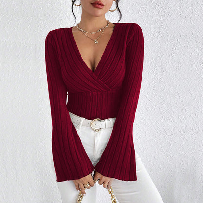 Women V neck Flared Sleeves Wine Red T shirt Fall/Winter Slim Bottoming Shirt Top Yiskiss