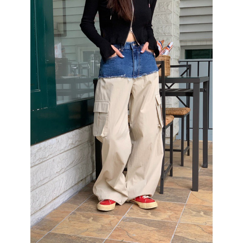 FZ Women's Retro Sexy Stitching Denim Cargo Wide Leg High Waist Loose Slimming Pants