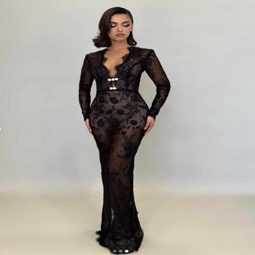 FZ Women's Black Slim Fit Sexy See through Lace Evening Dress - FZwear