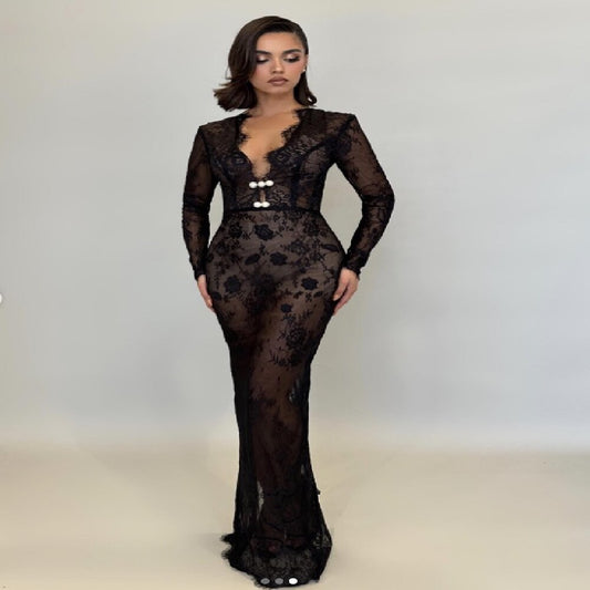 FZ Women's Black Slim Fit Sexy See through Lace Evening Dress