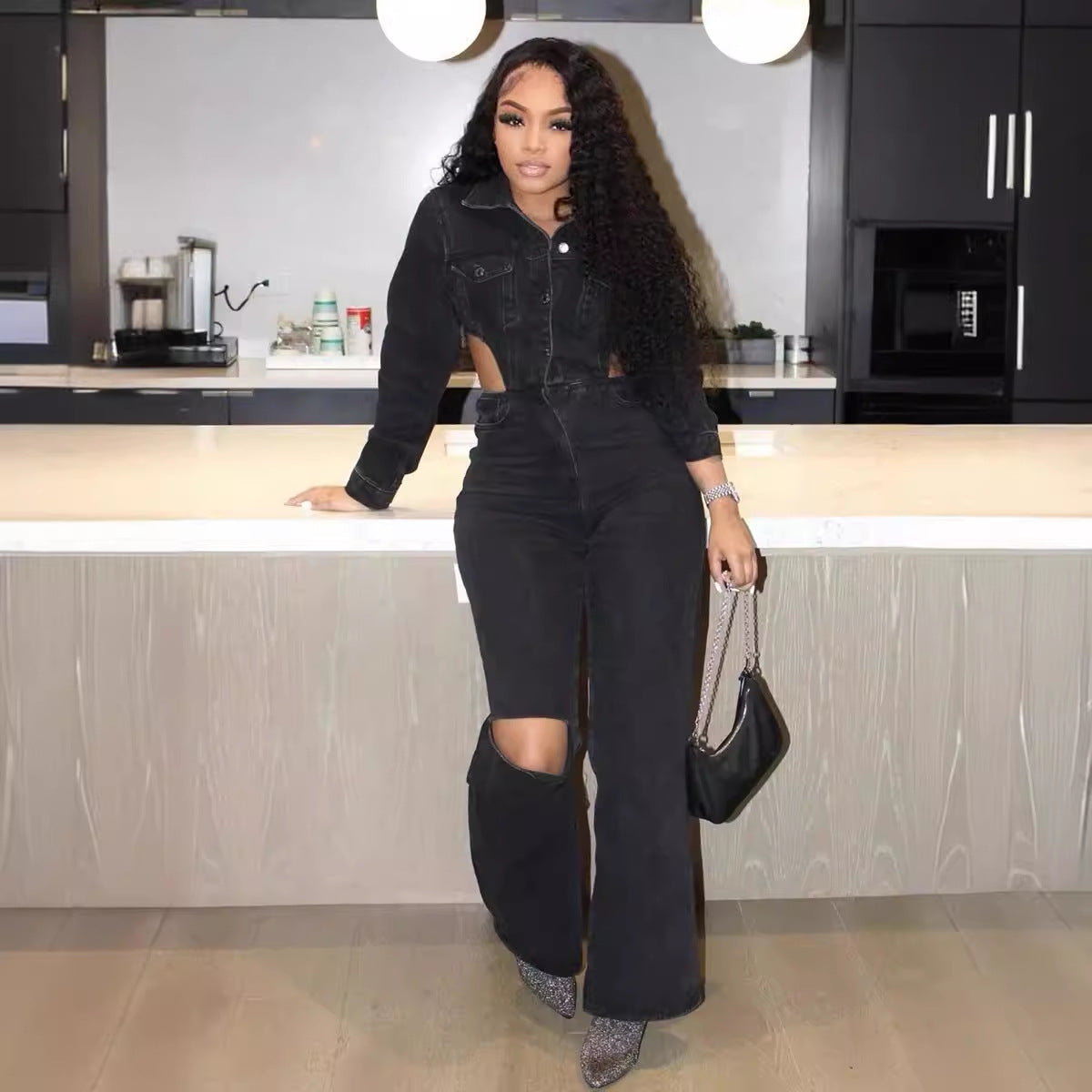 FZ Women's Casual Elastic Hollow Out Cutout out Denim Jumpsuit