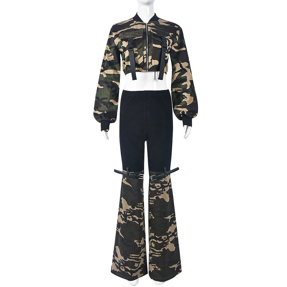 FZ Women's Modified Camouflage Stretch Denim Belt Pants Suit - FZwear