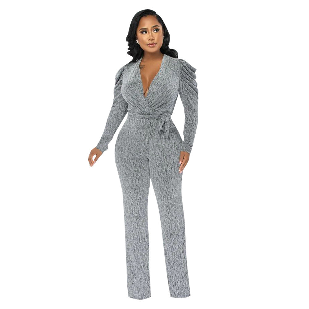 FZ Women's Sexy Waist Trimming V Neck Glossy Knitted Jumpsuit - FZwear