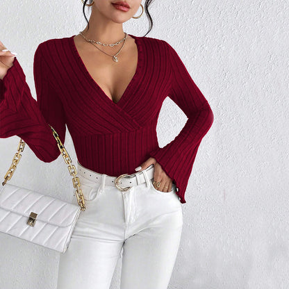 Women V neck Flared Sleeves Wine Red T shirt Fall/Winter Slim Bottoming Shirt Top Yiskiss