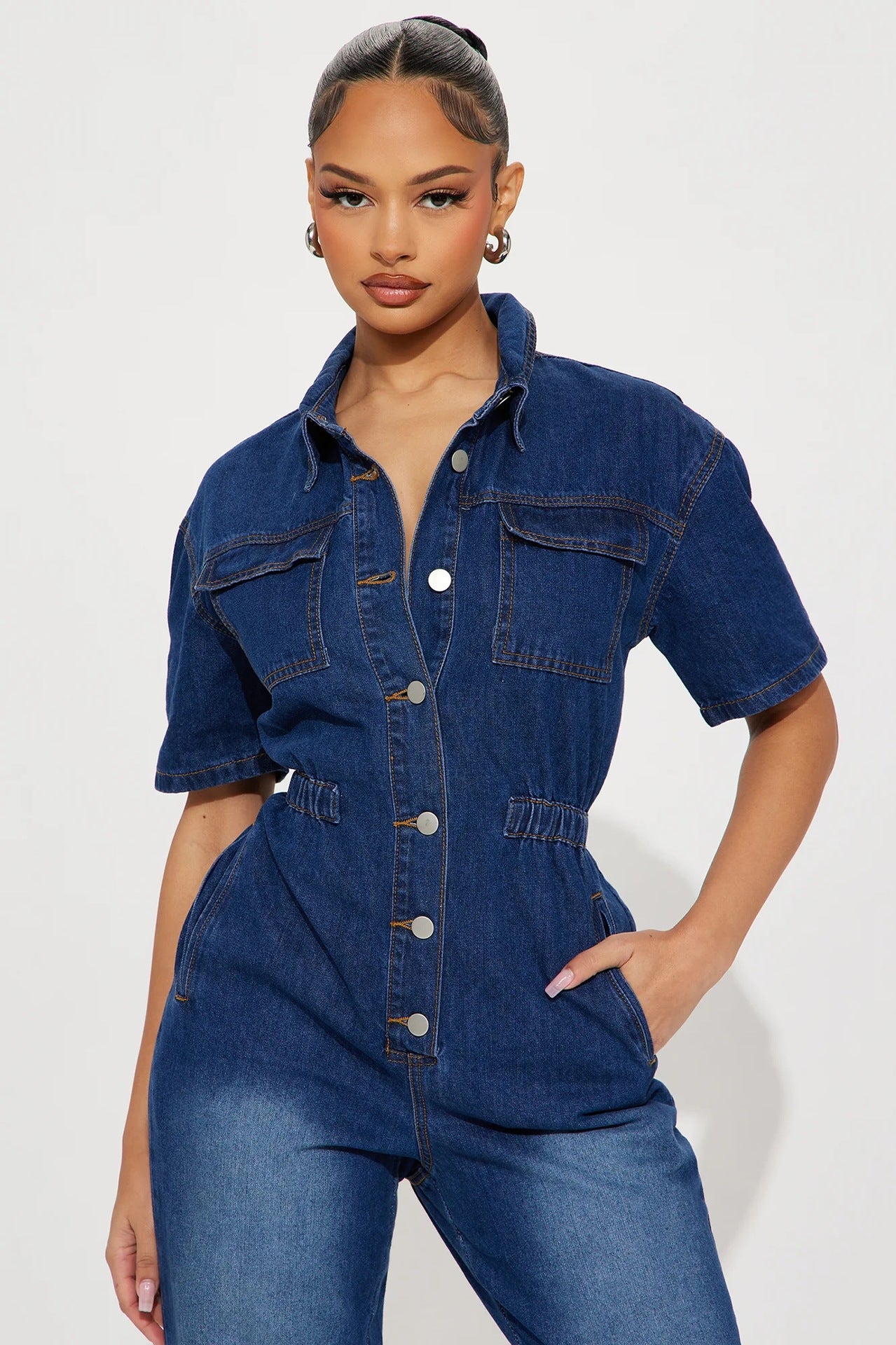 Slim Fit Stretch Short Sleeved Ankle Wash Denim Jumpsuit Jumpsuit Joliss