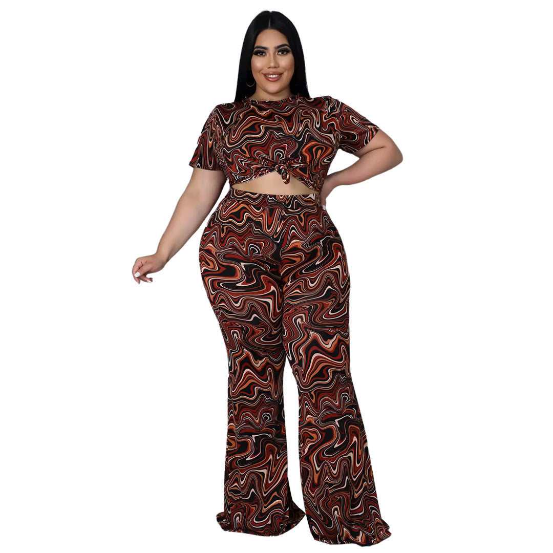 FZ Women's Plus Size Printed Short Sleeve Bell-Bottom Pants Suit - FZwear