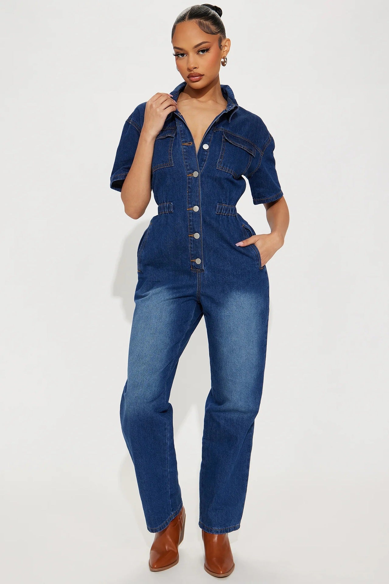 Slim Fit Stretch Short Sleeved Ankle Wash Denim Jumpsuit Jumpsuit Joliss