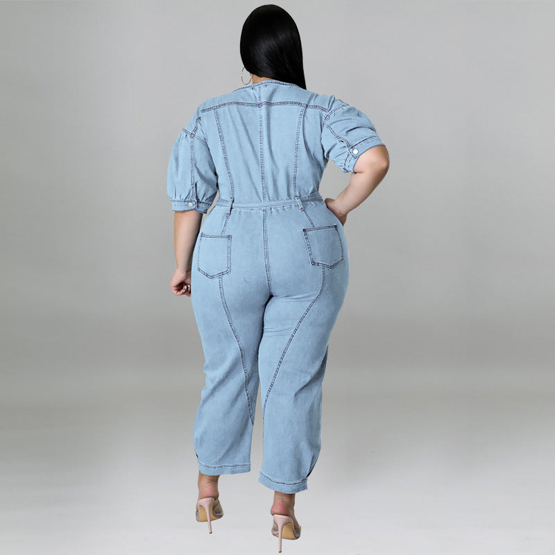 Plus Size Women Clothing Summer Short Sleeve Zipper Wash Denim Jumpsuit MINDA