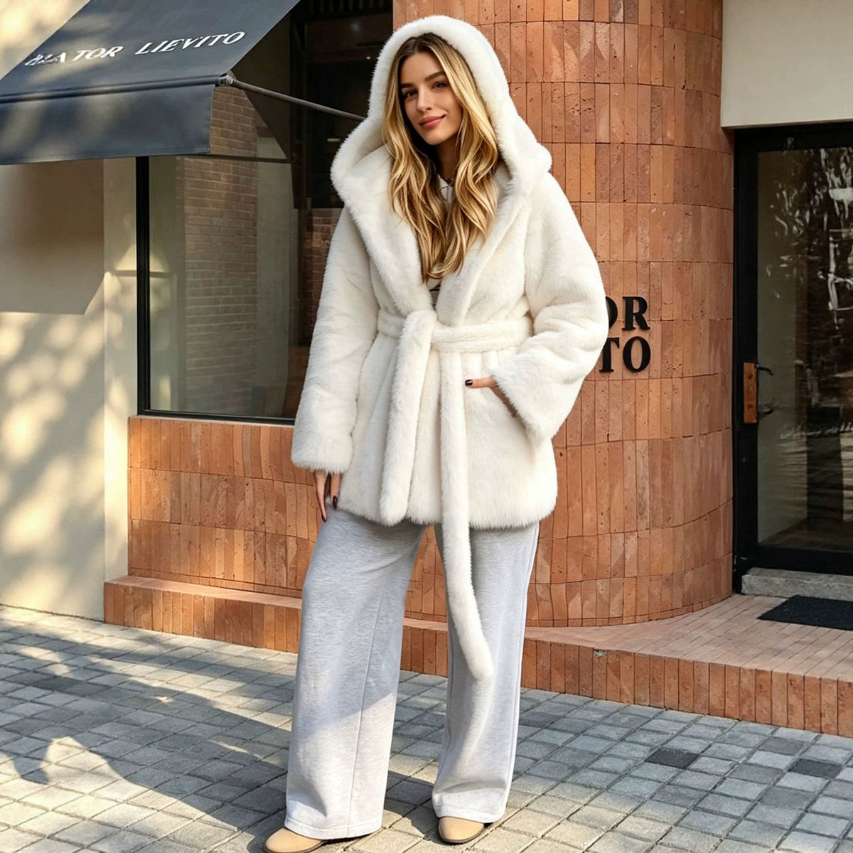 FZ Women's Faux Fur Mid Length Hooded Belted Jacket