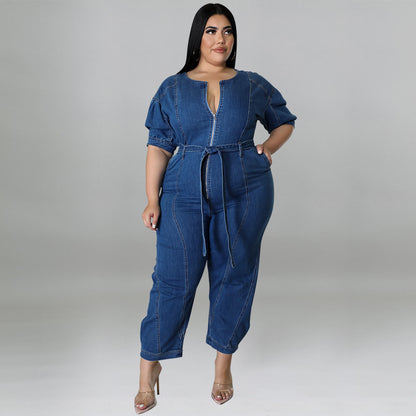 Plus Size Women Clothing Summer Short Sleeve Zipper Wash Denim Jumpsuit MINDA